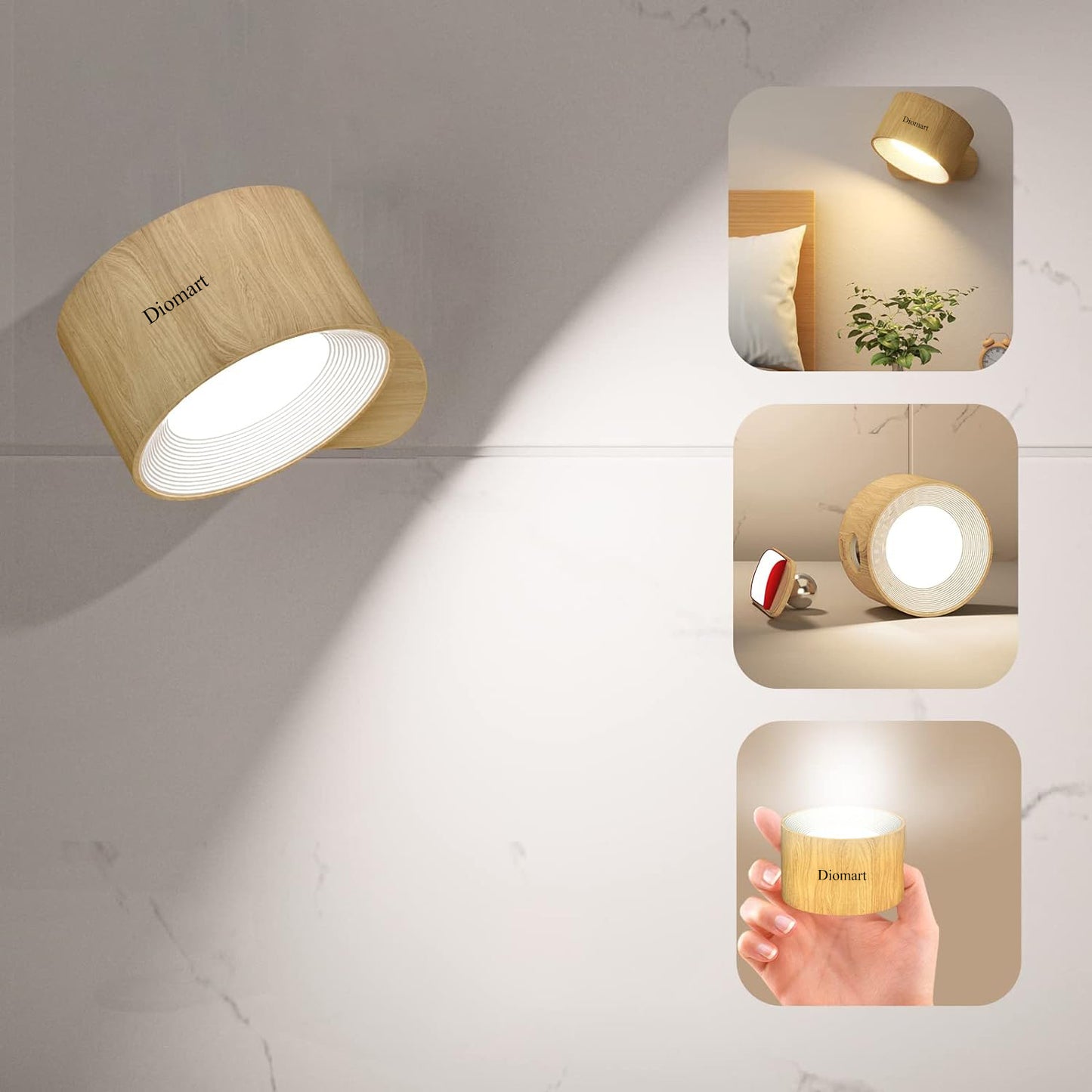 Diomart LED Wall Lamps, Wall Mounted Lamp with Rechargeable Battery Operated USB Port 3 Color Temperature & 3 Brightness Level 360°Rotate Magnetic Ball, Cordless Light for Reading Bedside-Wood