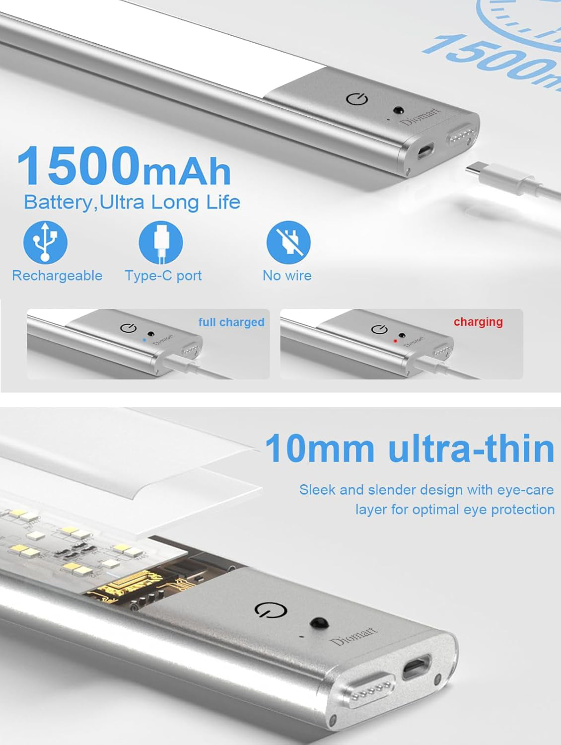 Diomart Under Cabinet Lighting, RGB & 1500mAh Rechargeable Under Cabinet Lights, LED Closet Lights Remote, Under Counter Lights for Kitchen Pantry Bedroom, 15 Colors(3 Packs)