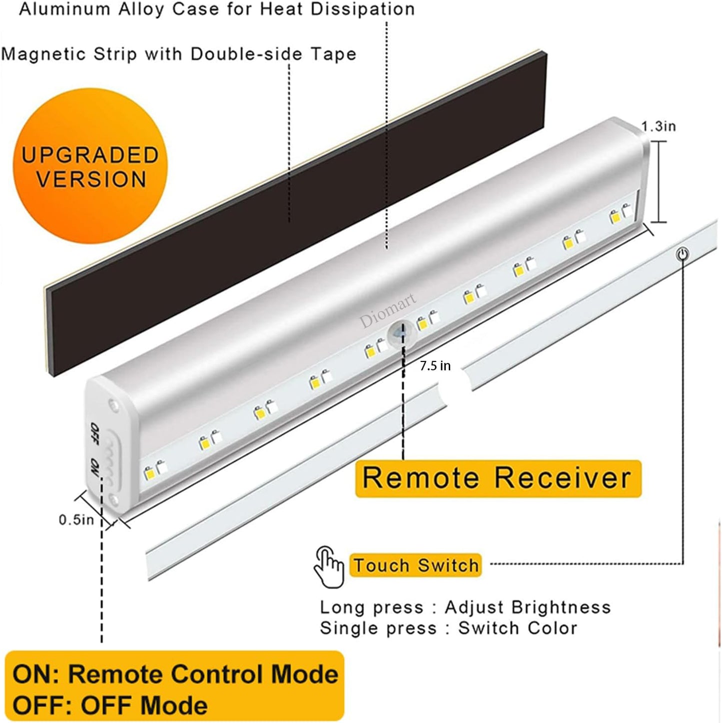 Diomart Under Cabinet Lighting Portable Headlamps Wireless Rechargeable Under Counter Lights with Remote Control, 20- LED Dimmable Led Closet Light Stick-on Anywhere Touch Night Light for Kitchen, Wardrobe (4 Pcs)
