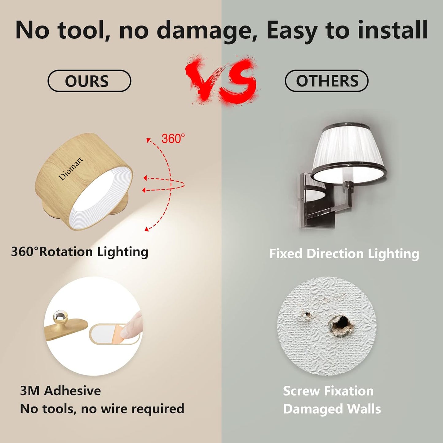Diomart LED Wall Lamps, Wall Mounted Lamp with Rechargeable Battery Operated USB Port 3 Color Temperature & 3 Brightness Level 360°Rotate Magnetic Ball, Cordless Light for Reading Bedside-Wood
