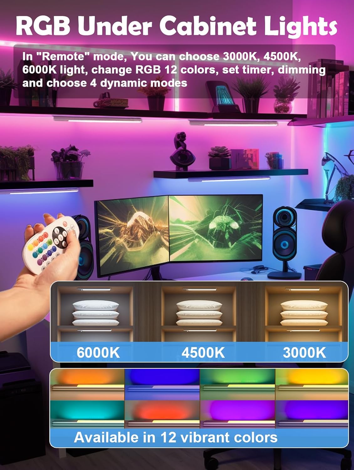 Diomart Under Cabinet Lighting, RGB & 1500mAh Rechargeable Under Cabinet Lights, LED Closet Lights Remote, Under Counter Lights for Kitchen Pantry Bedroom, 15 Colors(3 Packs)