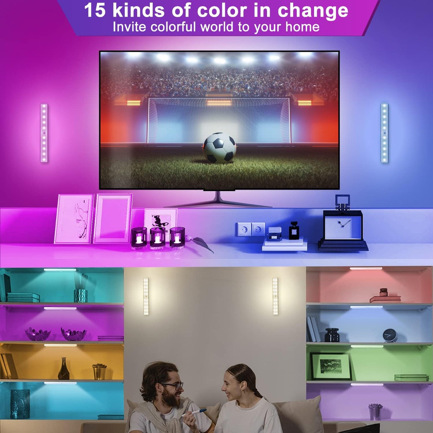 Diomart 48 LED Under Cabinet Lighting Wireless, 15 Colors Changeable Rechargeable RGB Under Cabinet Lights Remote Control Under Counter Lights Mini Night Light Bar for Indoor Display Shelf, 4 Pack