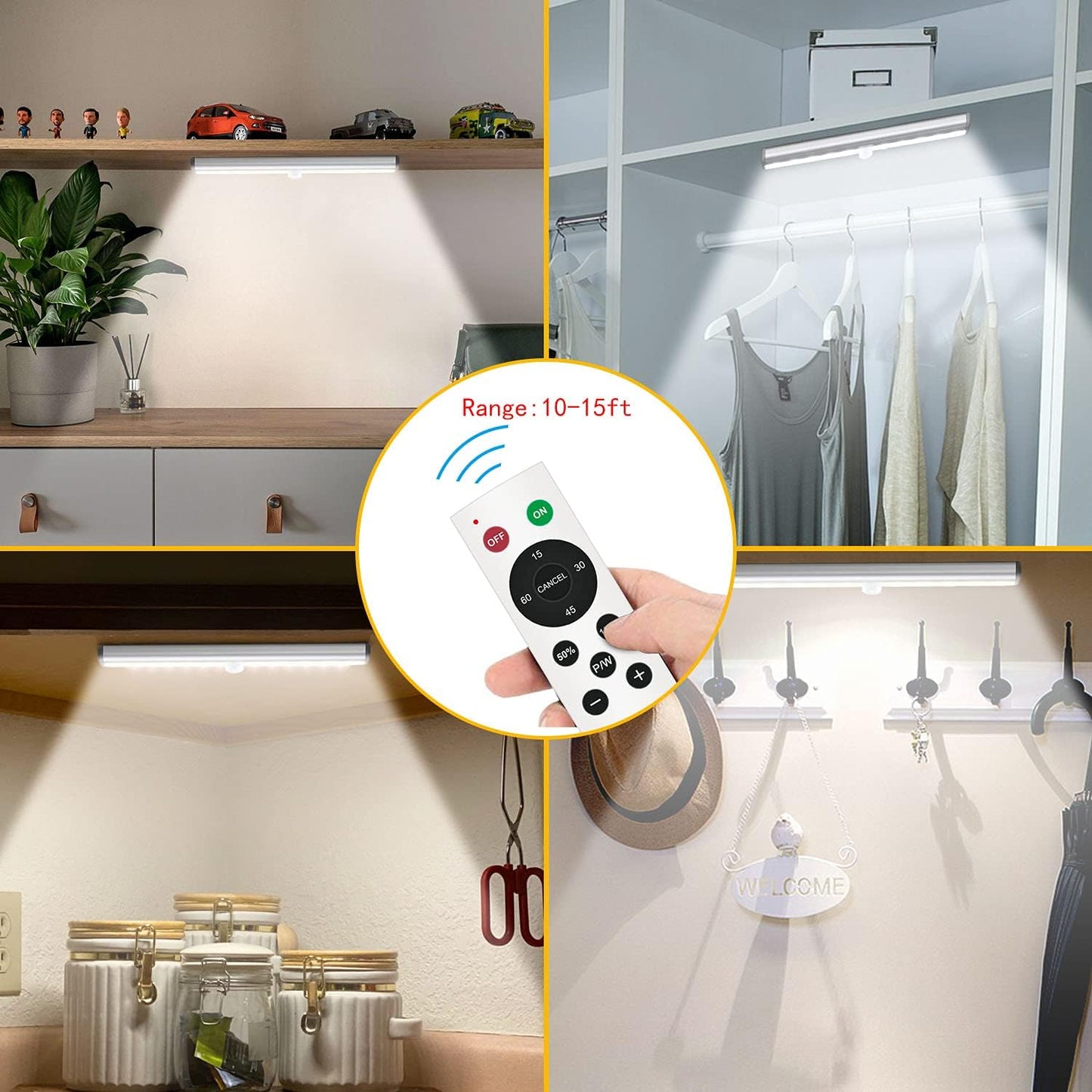 Diomart Under Cabinet Lighting Portable Headlamps Wireless Rechargeable Under Counter Lights with Remote Control, 20- LED Dimmable Led Closet Light Stick-on Anywhere Touch Night Light for Kitchen, Wardrobe (4 Pcs)