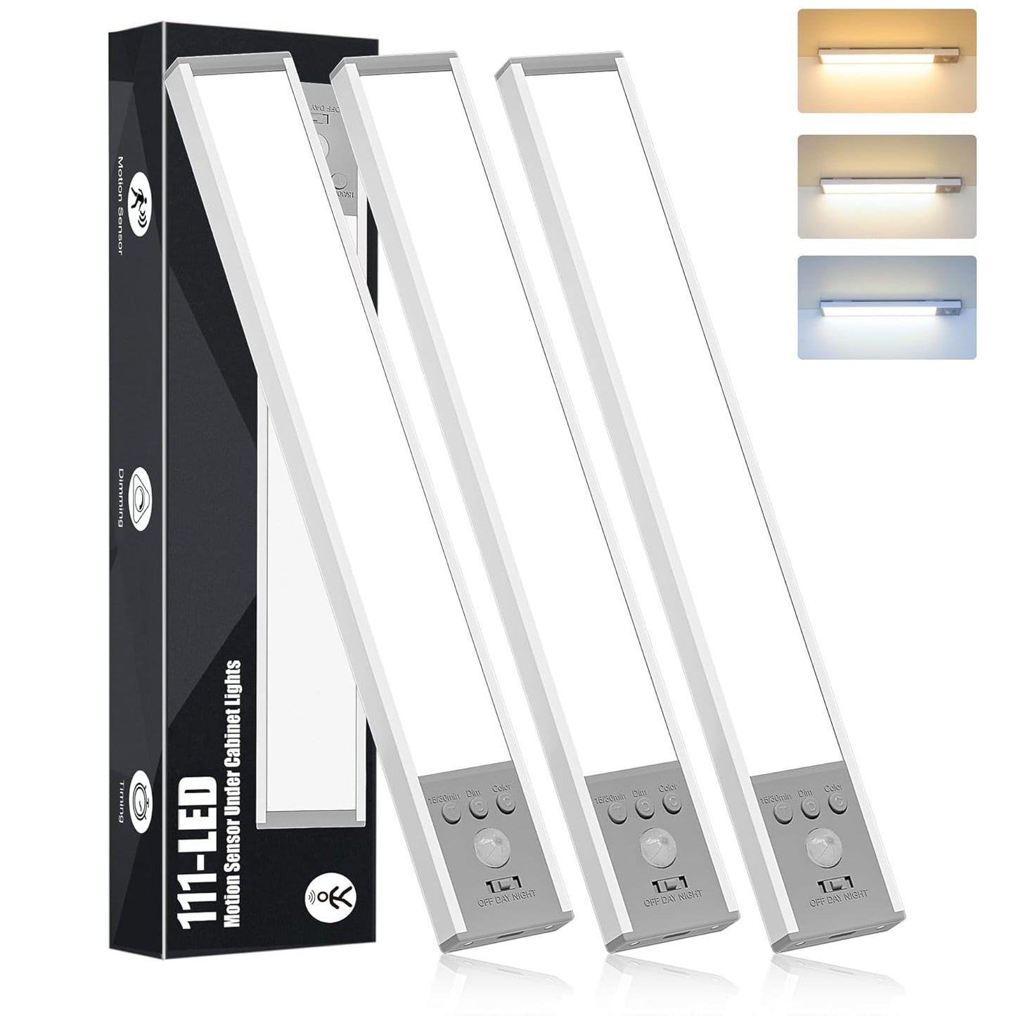 Diomart LED Under Cabinet Lighting Motion Sensor, Magnetic Wireless Closet Lights with Timer & Dimmable & 3 Color Temperatures for Kitchen, Counter, Stairs (3 Pack)