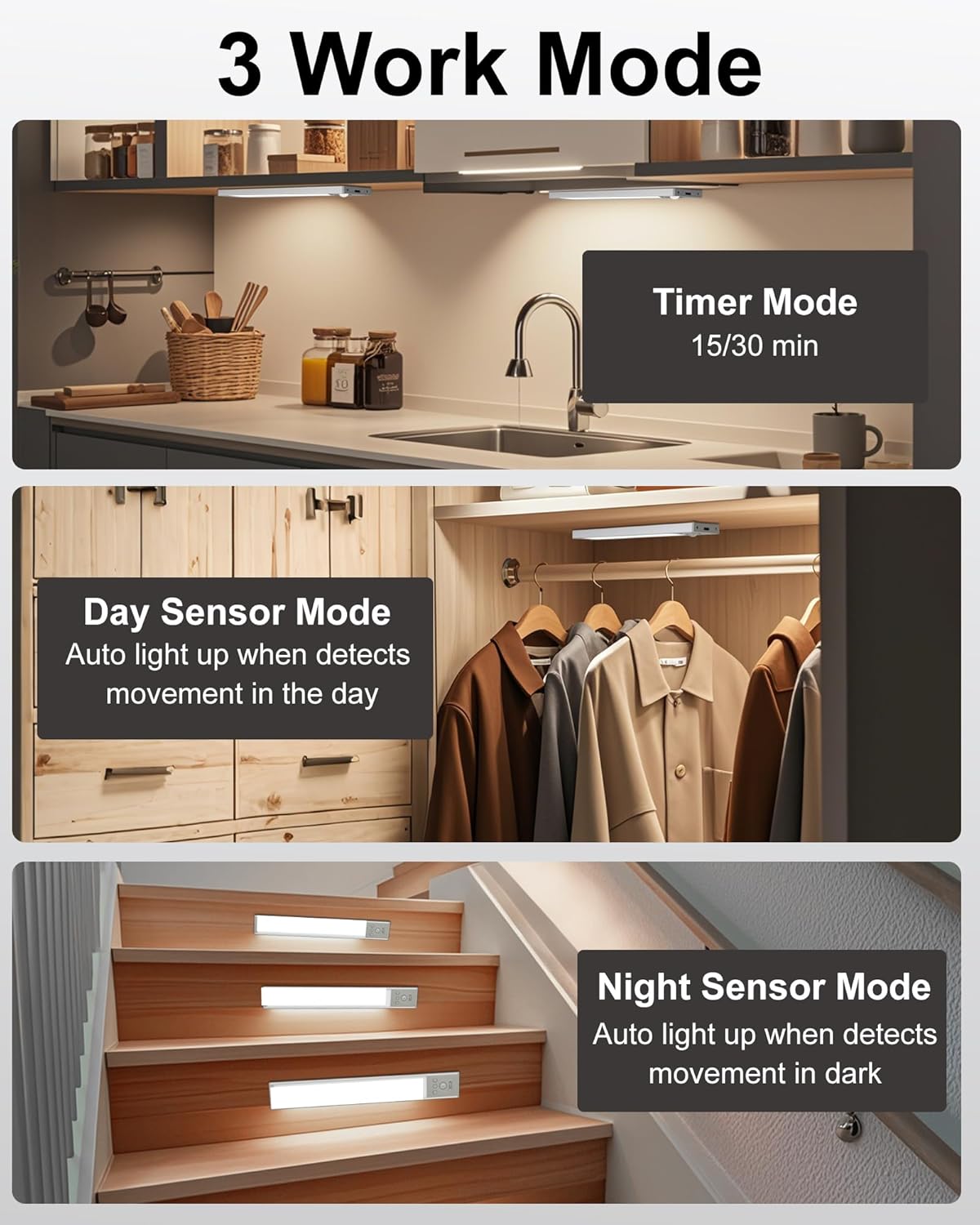 Diomart LED Under Cabinet Lighting Motion Sensor, Magnetic Wireless Closet Lights with Timer & Dimmable & 3 Color Temperatures for Kitchen, Counter, Stairs (3 Pack)
