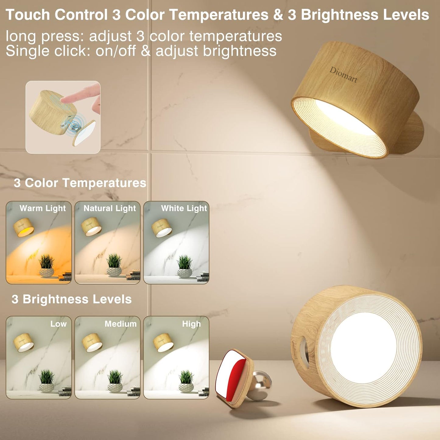 Diomart LED Wall Lamps, Wall Mounted Lamp with Rechargeable Battery Operated USB Port 3 Color Temperature & 3 Brightness Level 360°Rotate Magnetic Ball, Cordless Light for Reading Bedside-Wood
