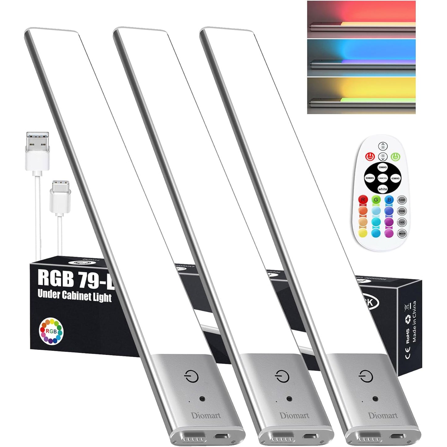 Diomart Under Cabinet Lighting, RGB & 1500mAh Rechargeable Under Cabinet Lights, LED Closet Lights Remote, Under Counter Lights for Kitchen Pantry Bedroom, 15 Colors(3 Packs)