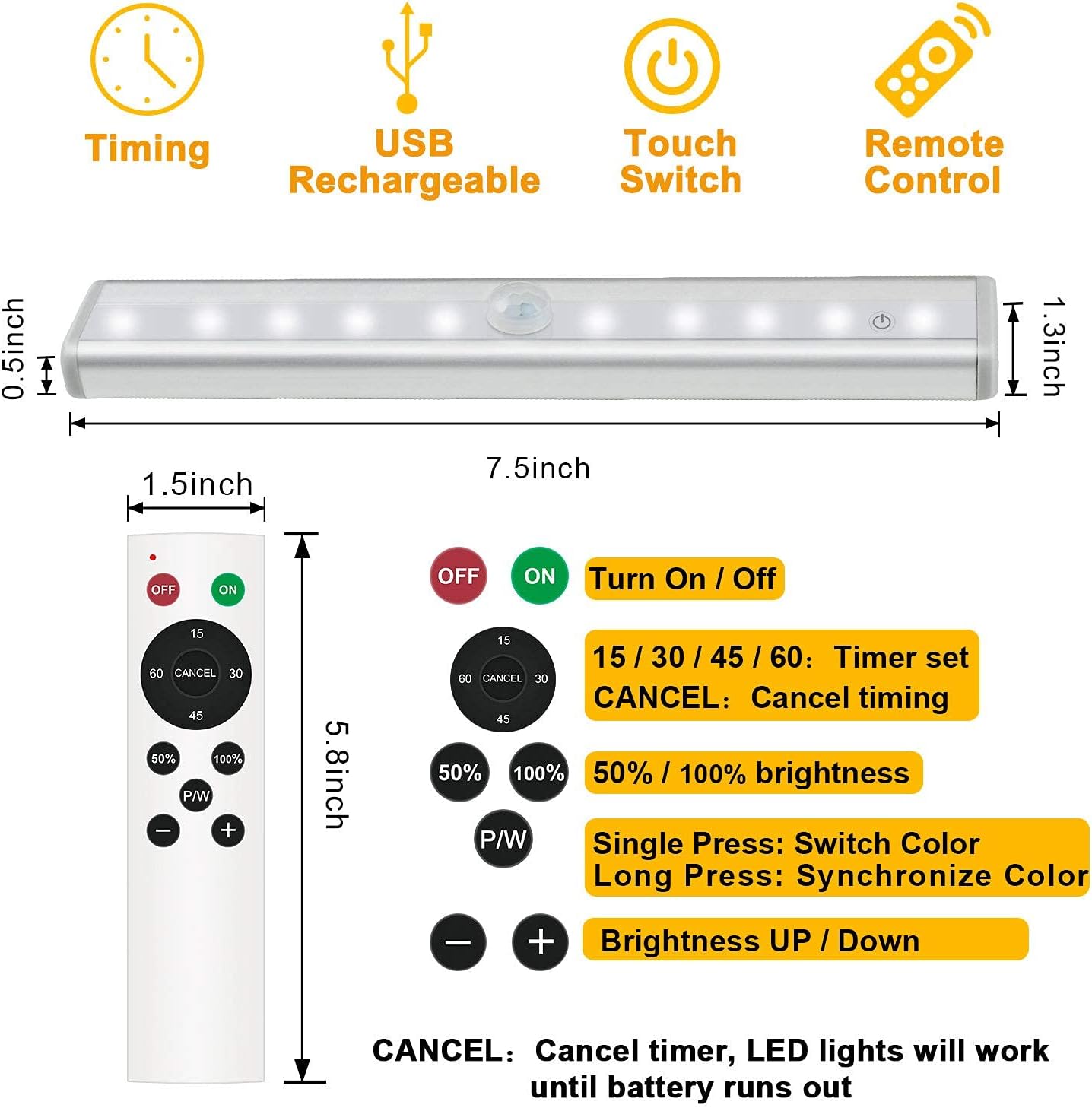 Remote Control Under Cabinet Lighting Wireless 6 Pack, 20-LED Dimmable Closet Lights Rechargeable Under Counter Light, Stick on Touch Night Light Strip Bar for Kitchen Stairway Bedroom, 3 Colors