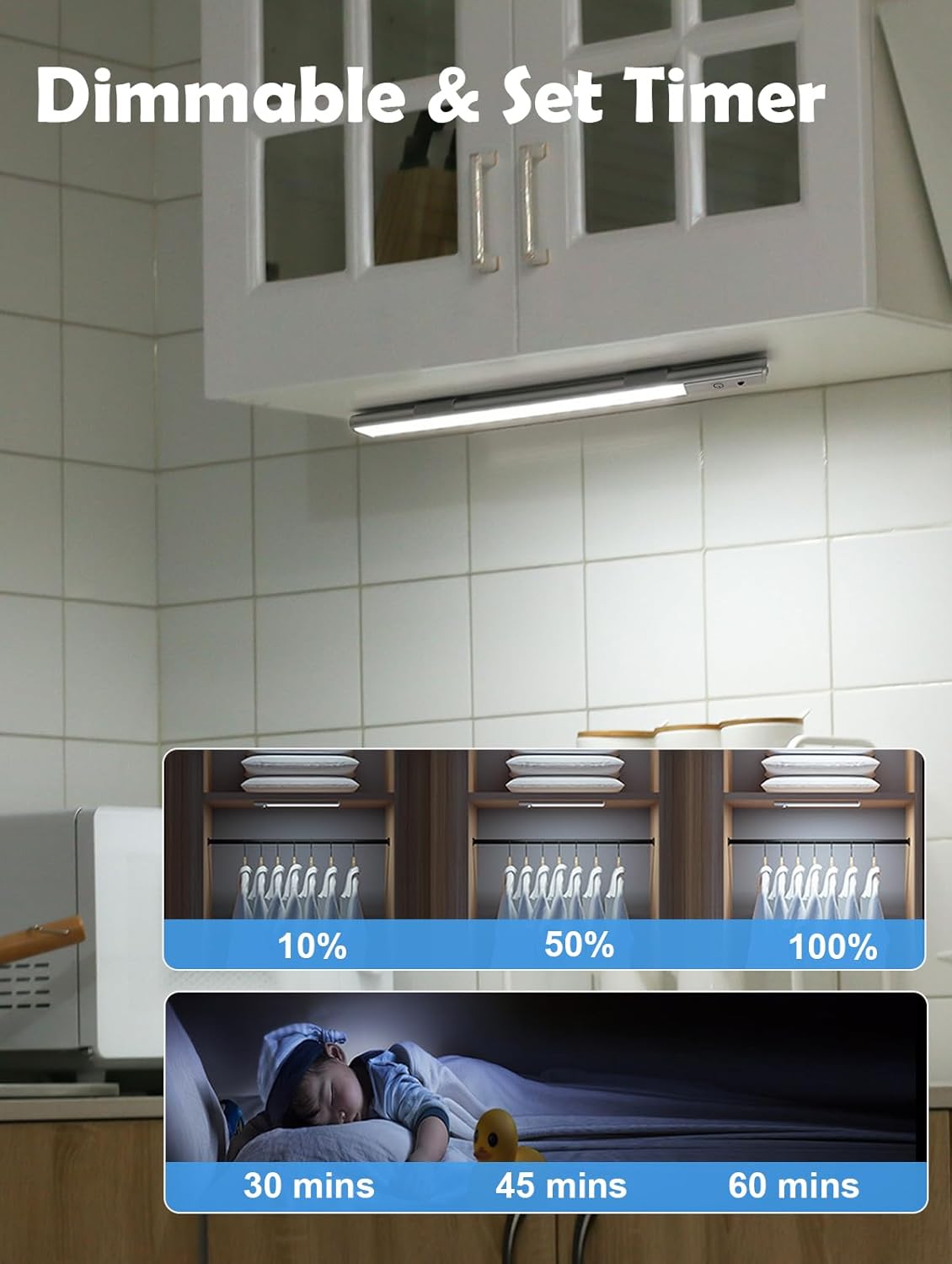 Diomart Under Cabinet Lighting, RGB & 1500mAh Rechargeable Under Cabinet Lights, LED Closet Lights Remote, Under Counter Lights for Kitchen Pantry Bedroom, 15 Colors(3 Packs)