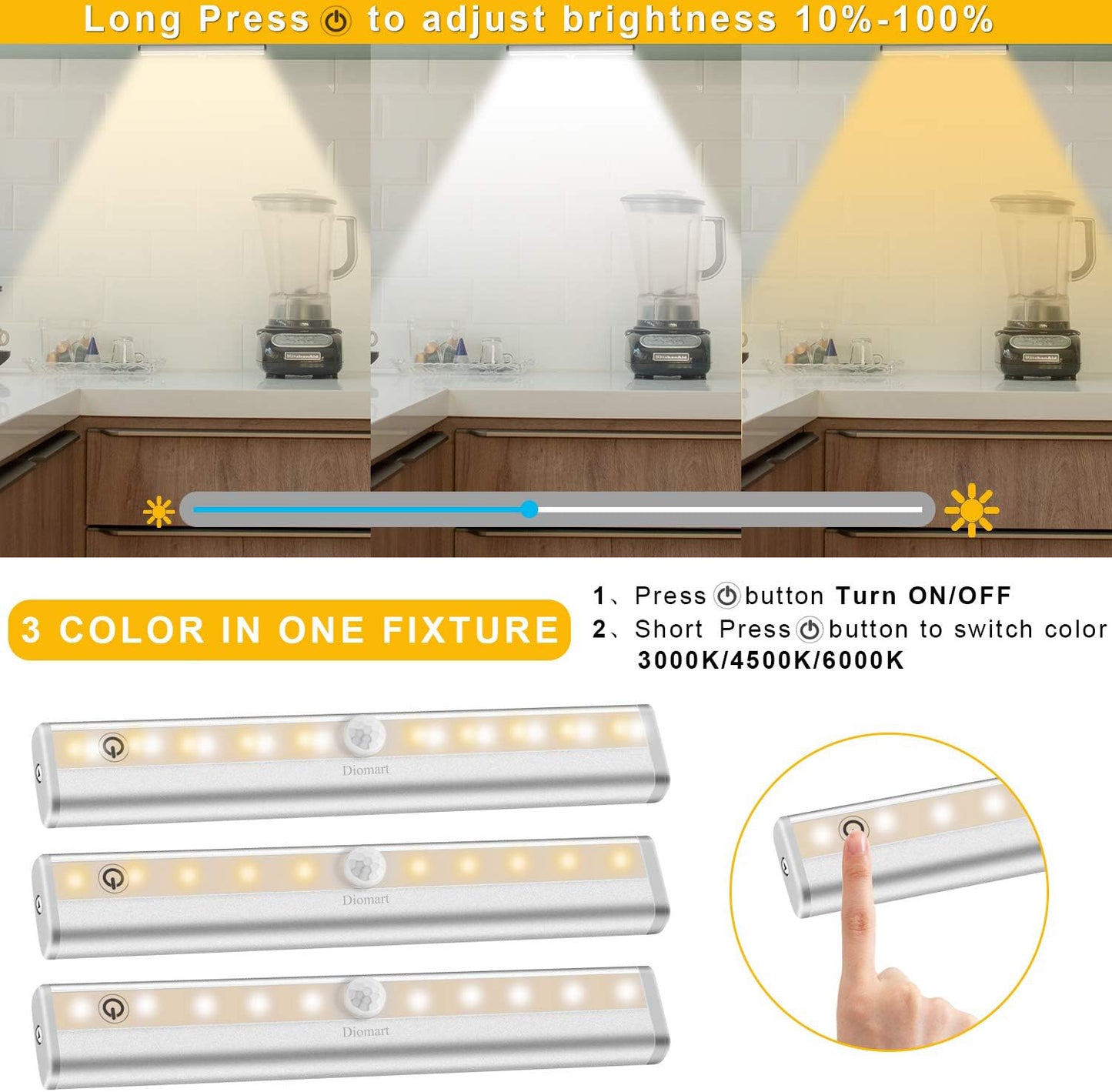 Diomart Under Cabinet Lighting Portable Headlamps Wireless Rechargeable Under Counter Lights with Remote Control, 20- LED Dimmable Led Closet Light Stick-on Anywhere Touch Night Light for Kitchen, Wardrobe (4 Pcs)