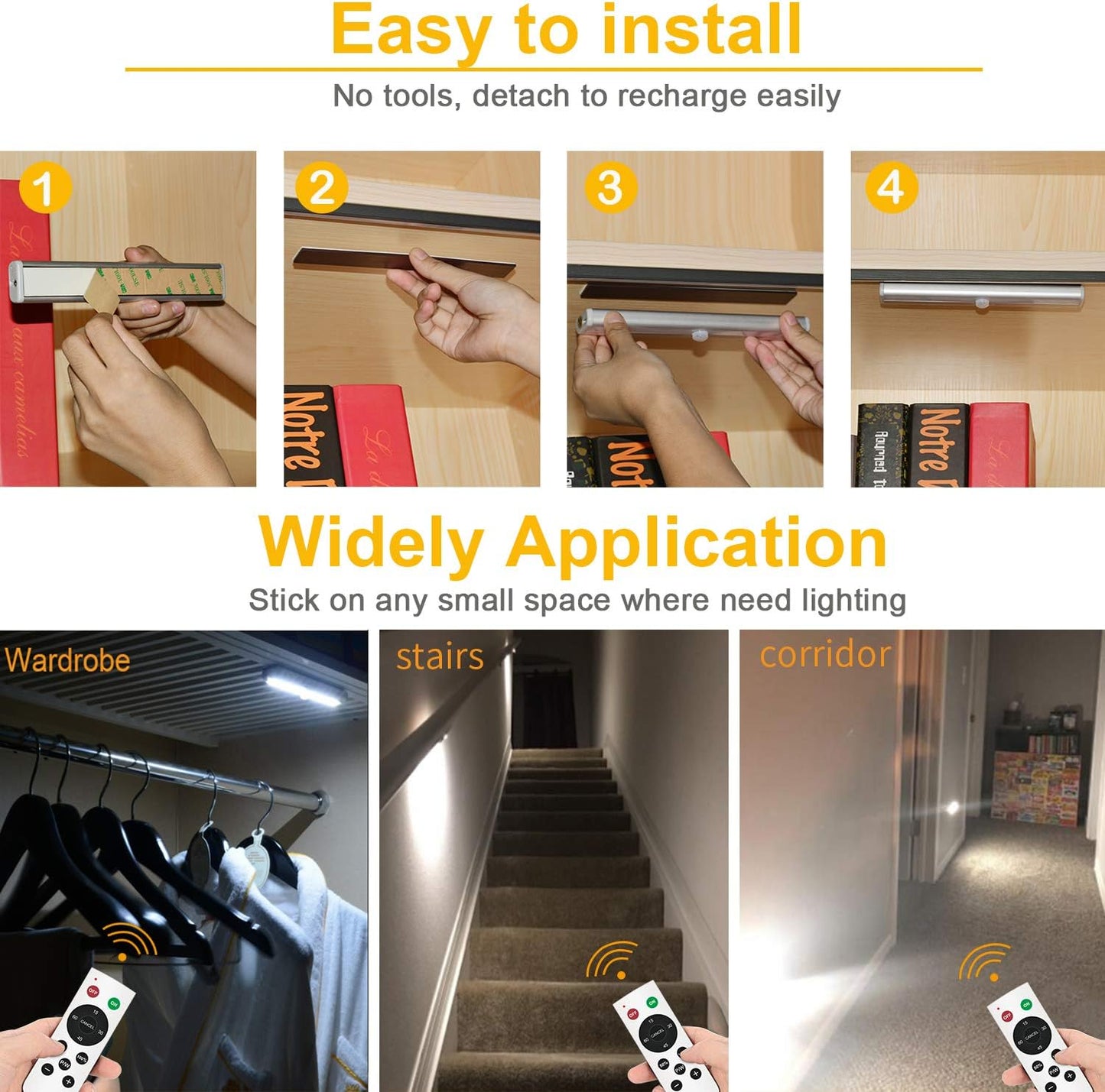Diomart Under Cabinet Lighting Portable Headlamps Wireless Rechargeable Under Counter Lights with Remote Control, 20- LED Dimmable Led Closet Light Stick-on Anywhere Touch Night Light for Kitchen, Wardrobe (4 Pcs)