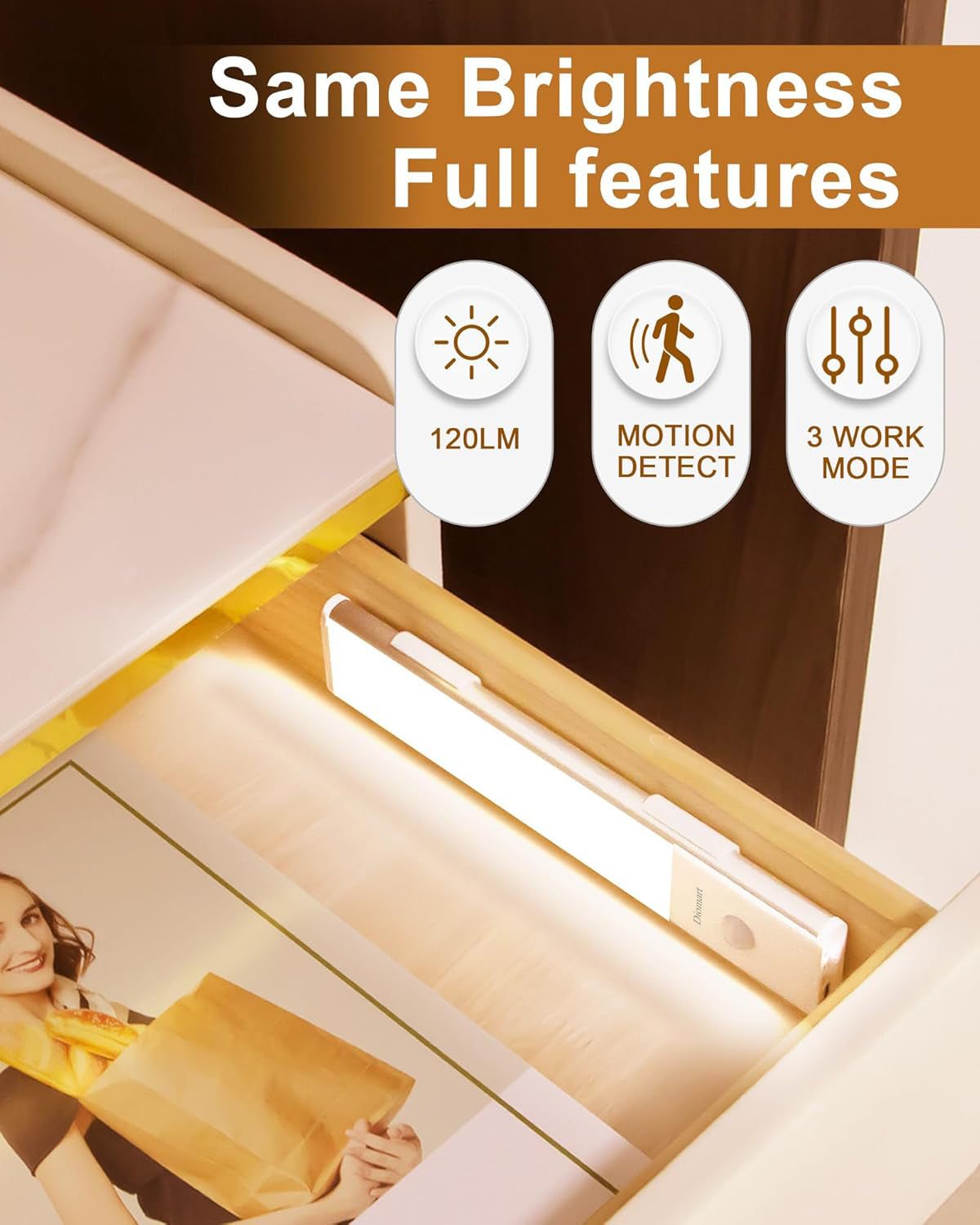 Diomart Under Cabinet Lights LED Rechargeable Battery Operated Motion Sensor Light Indoor, 2 Pack Magnetic LED Closet Lights, Wireless Under Counter Lights for Kitchen, Stairs