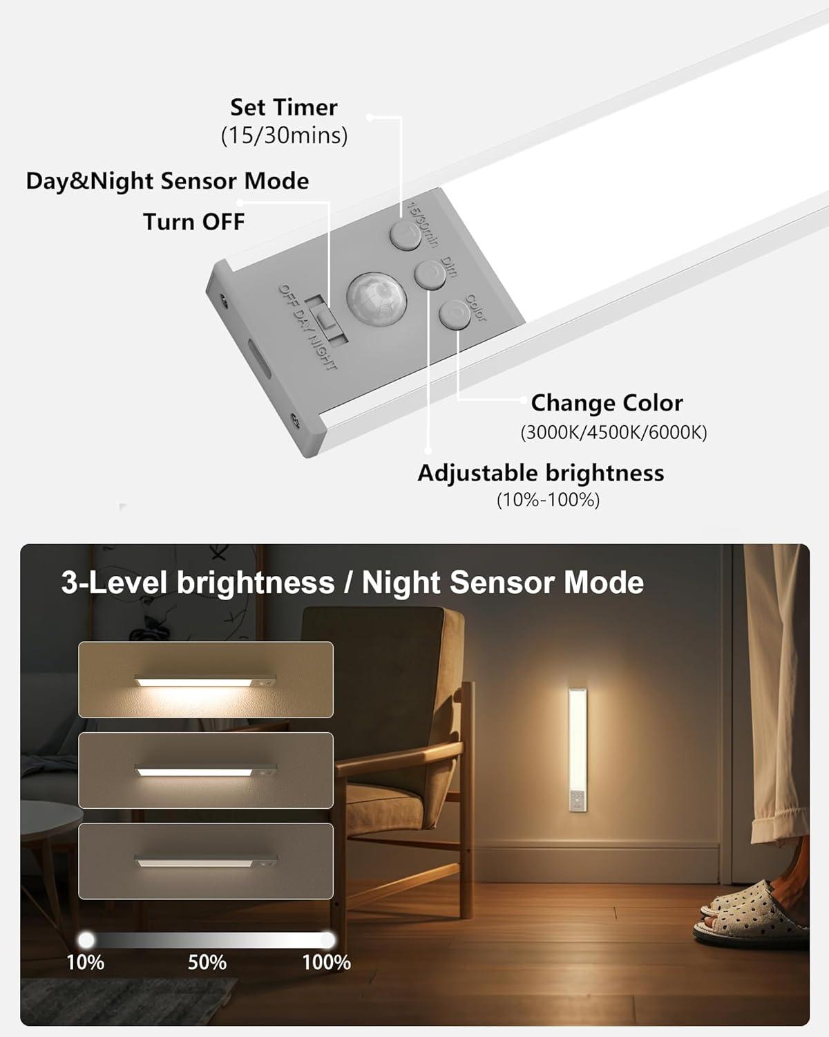 Diomart LED Under Cabinet Lighting Motion Sensor, Magnetic Wireless Closet Lights with Timer & Dimmable & 3 Color Temperatures for Kitchen, Counter, Stairs (3 Pack)