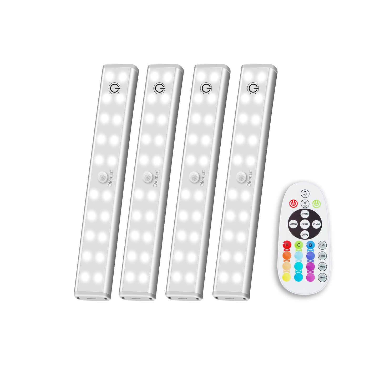Diomart 48 LED Under Cabinet Lighting Wireless, 15 Colors Changeable Rechargeable RGB Under Cabinet Lights Remote Control Under Counter Lights Mini Night Light Bar for Indoor Display Shelf, 4 Pack