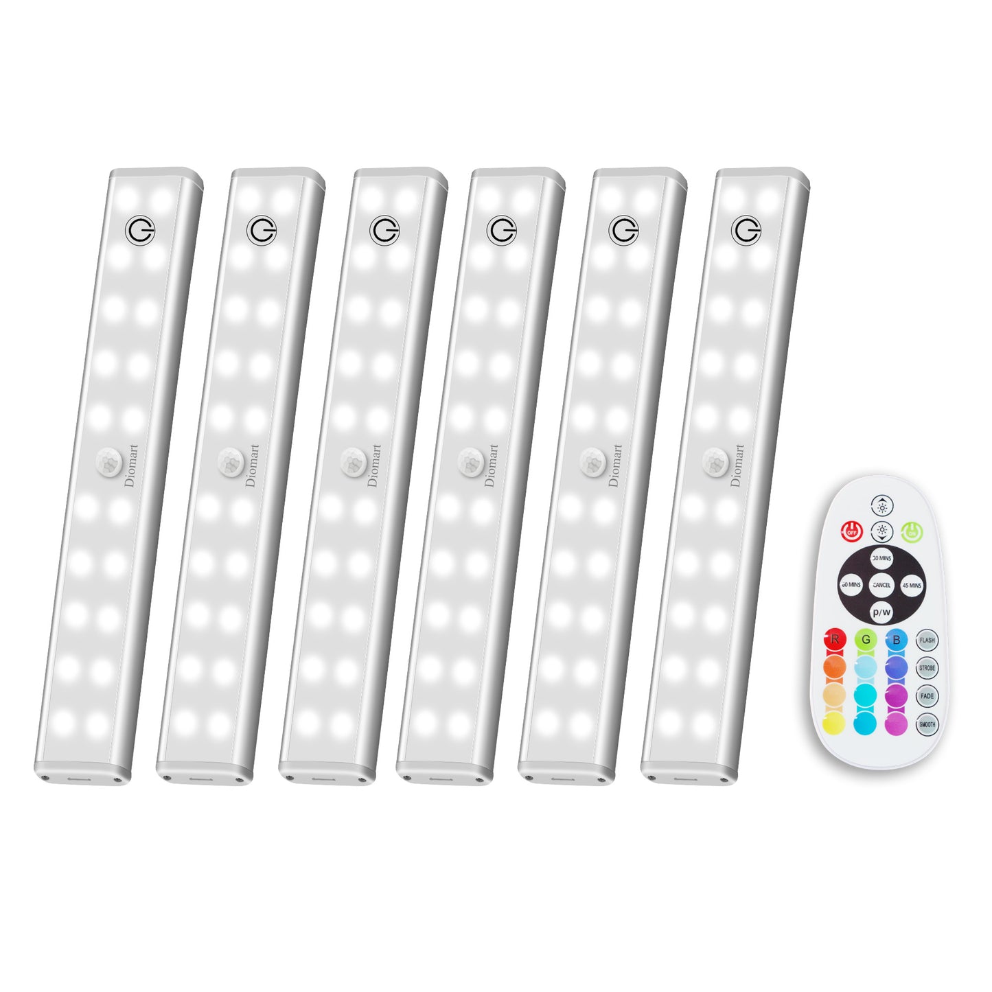 Diomart Under Cabinet Lighting Wireless with Remote, LED Lighting Fixtures 48 LED Rechargeable Under Cabinet Lights, Kitchen Counter Lights Dimmable LED Closet Lights RGB Bar for Shelf, Car, Hallway, 15 Color Changing, 6 Pack