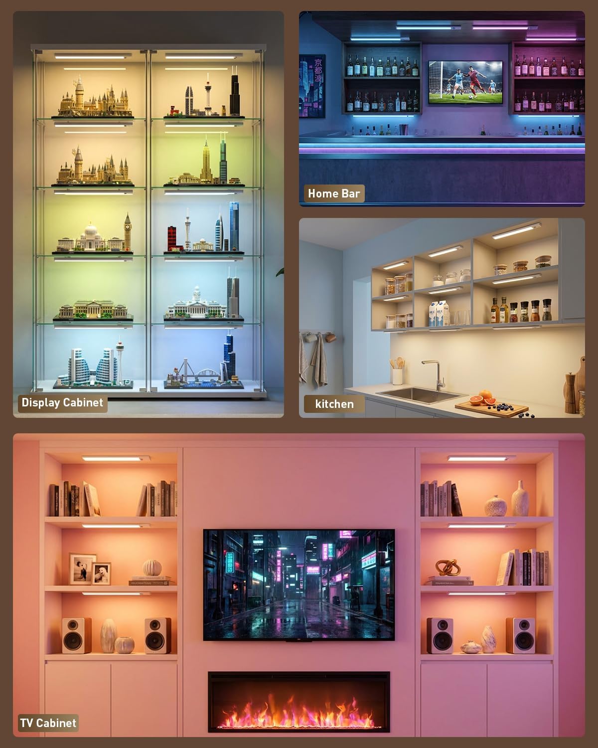 RGB light bars illuminating a display cabinet, home bar, kitchen shelves and television cabinet