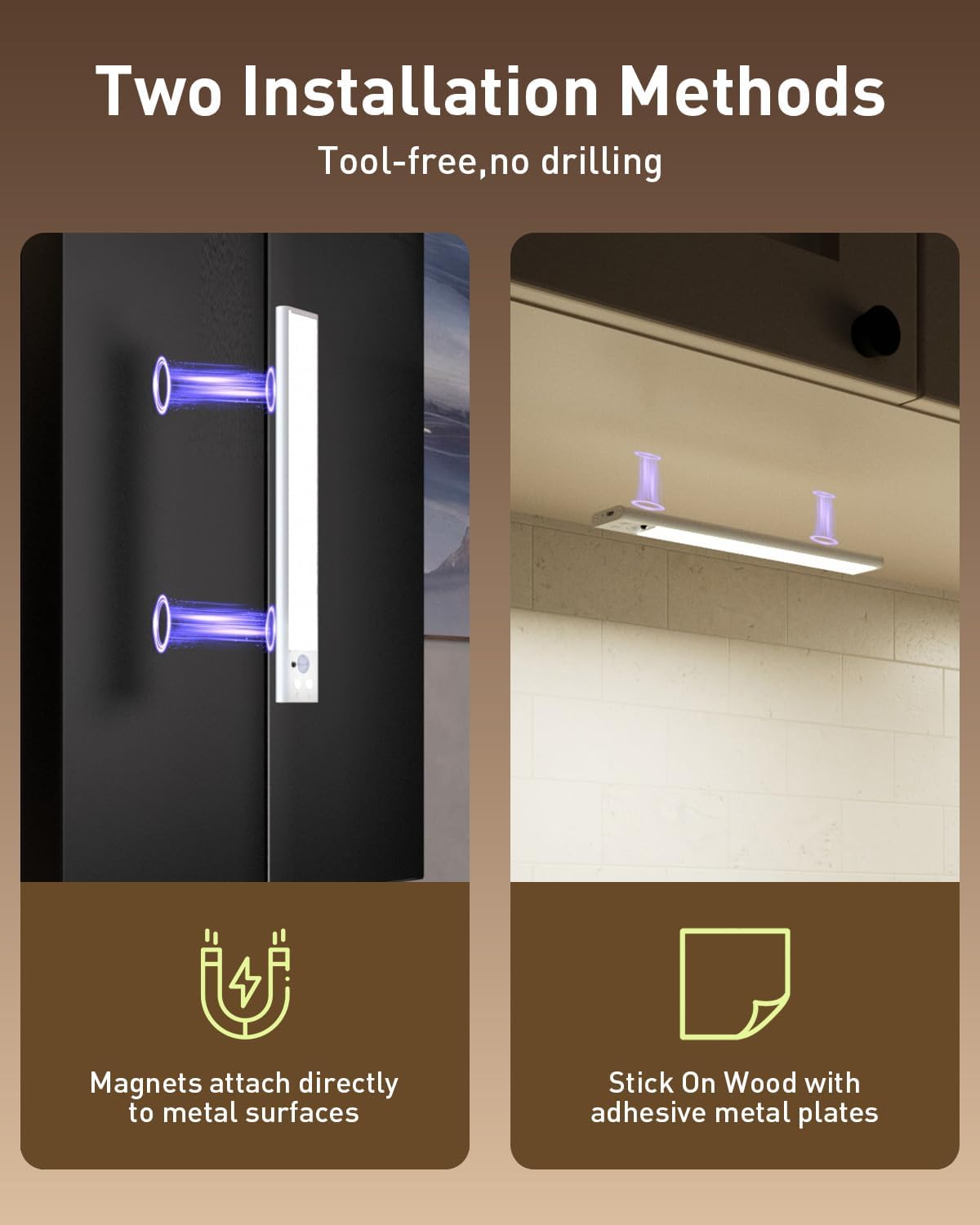 Magnetic light installation on a metal surface and adhesive metal plates under a cabinet