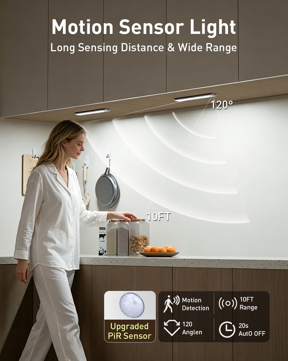 Cabinet light motion sensor with a 10-foot sensing range and 20-second automatic shutoff