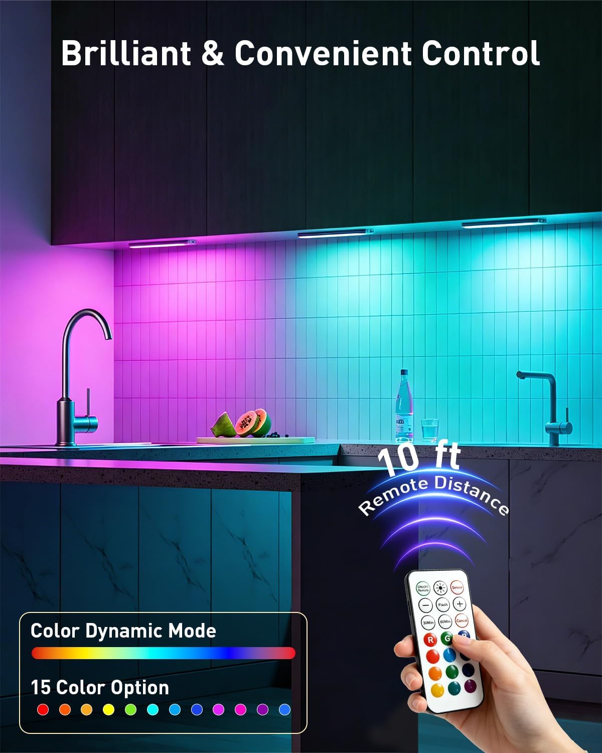 RGB cabinet lights in a kitchen showing remote control and color lighting