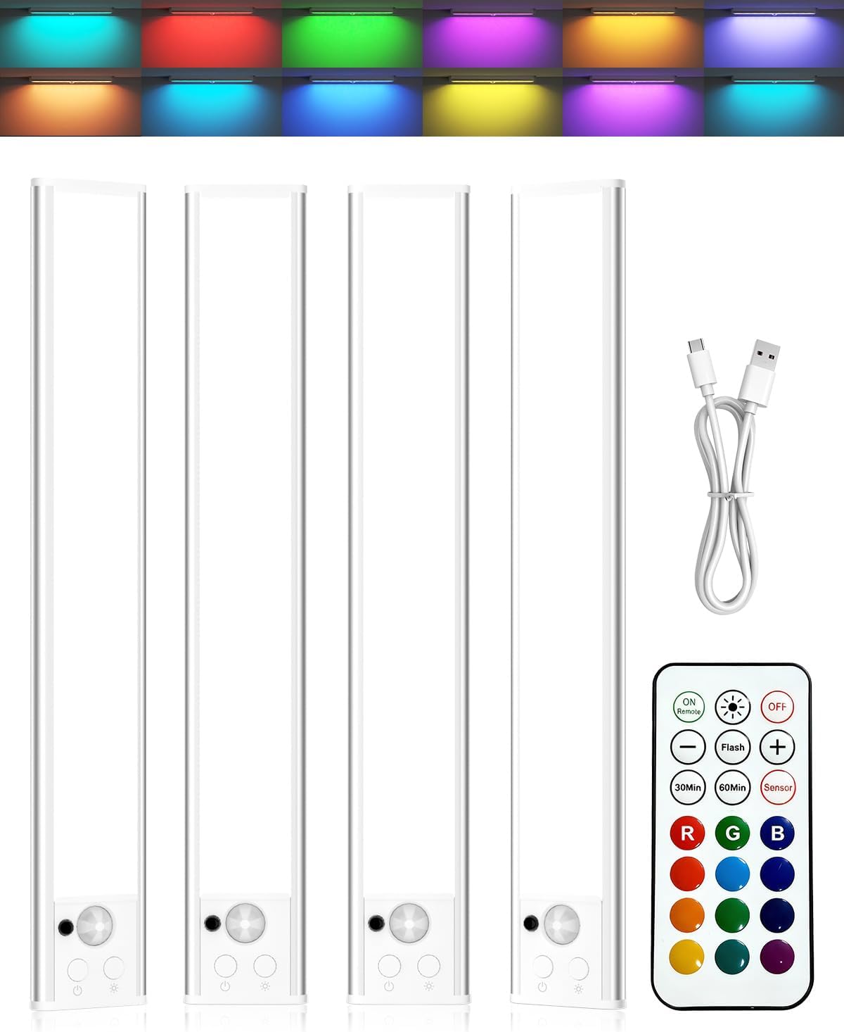 Diomart four rechargeable RGB cabinet light bars with motion sensors, remote control and USB-C charging cable