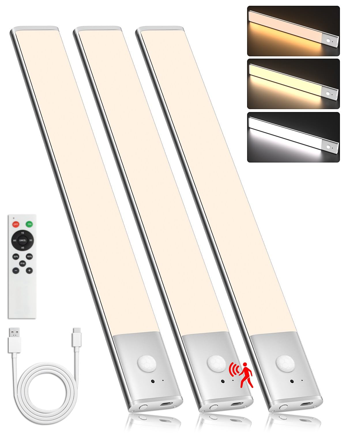Under Cabinet Lighting Wireless Motion Sensor Light Indoor, 12" Rechargeable Kitchen Bar Lights, 300LM Ultra-Bright Cabinet Lights with Remote, 2500mAH, USB-C, 3 Colors, 3 Packs