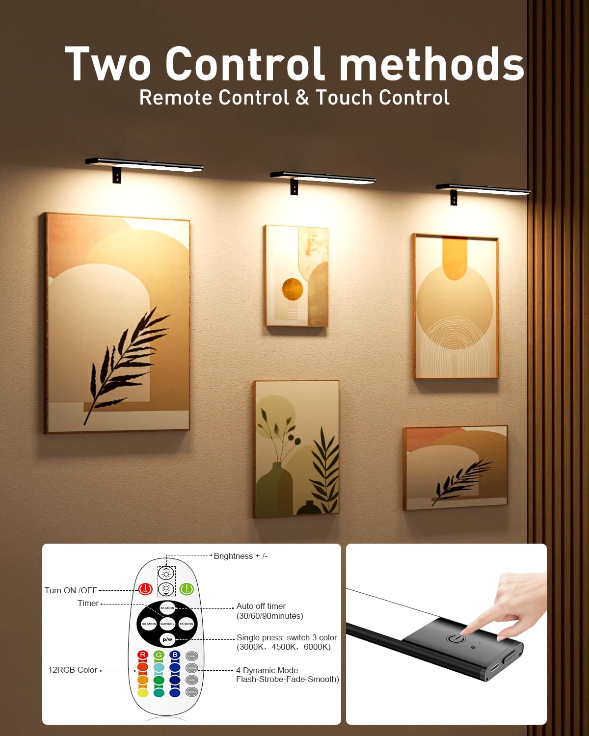 Diomart Picture Lights for Wall, 12'' Dimmable Remote LED Art Light with 15 Color Temps, USB-C Rechargeable Battery Picture Light Wireless, Timer, for Paintings, Canvas, Photos, Bedroom（Black)