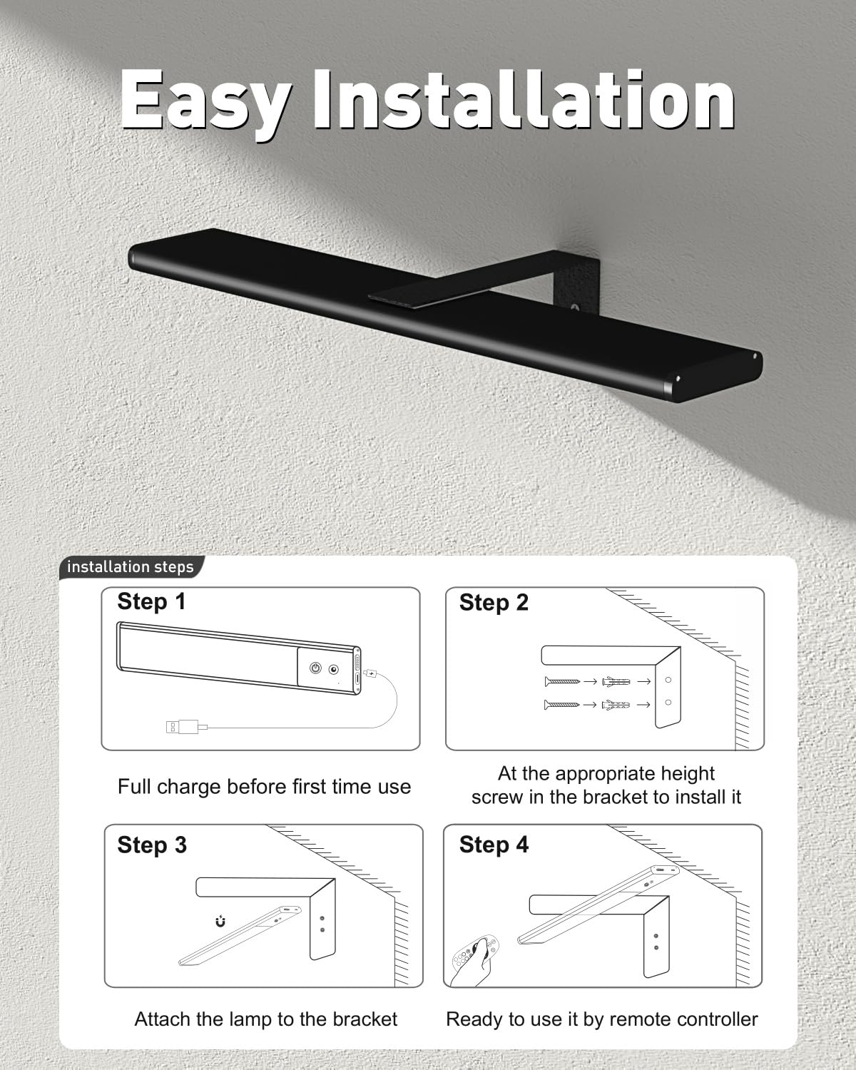 Diomart Picture Lights for Wall, 12'' Dimmable Remote LED Art Light with 15 Color Temps, USB-C Rechargeable Battery Picture Light Wireless, Timer, for Paintings, Canvas, Photos, Bedroom（Black)