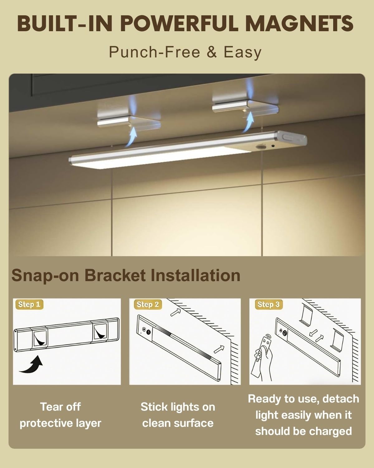 Under Cabinet Lighting Wireless Motion Sensor Light Indoor, 12" Rechargeable Kitchen Bar Lights, 300LM Ultra-Bright Cabinet Lights with Remote, 2500mAH, USB-C, 3 Colors, 3 Packs